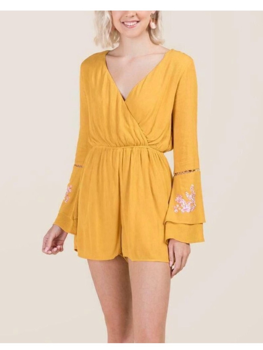 miami Mustard Yellow Long-Sleeve Wrap Romper with Embroidered Bell Sleeves